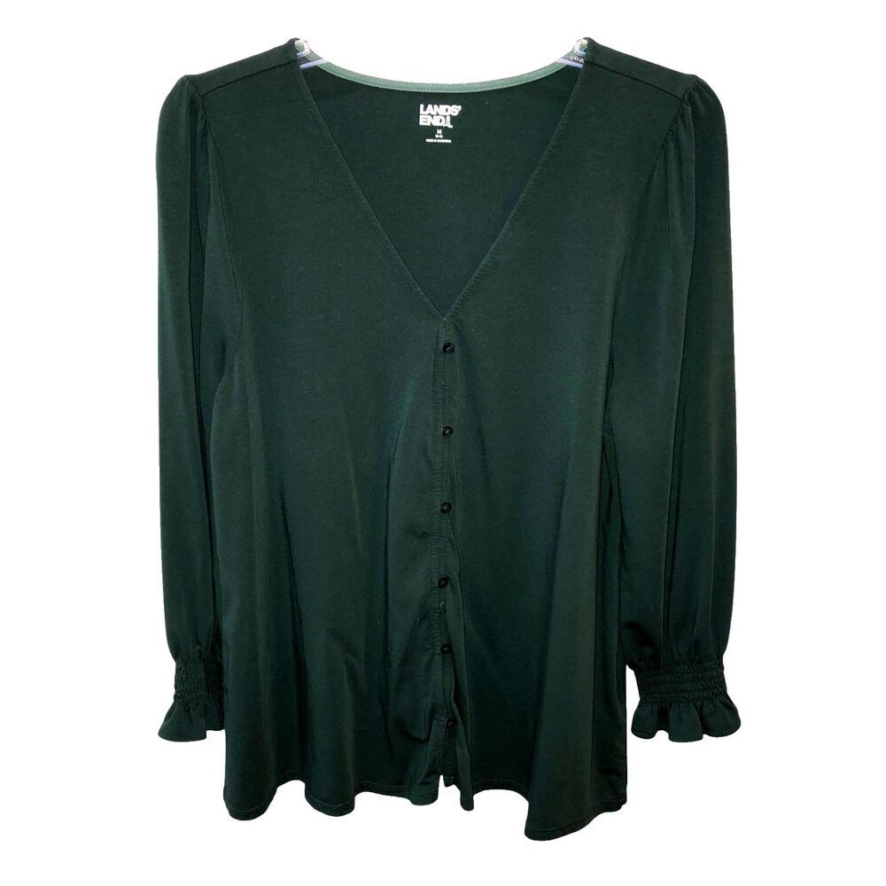 Lands End Womens Medium Green Smocked Cuff Sleeve V Neck Shirt Blouse Top 10 12